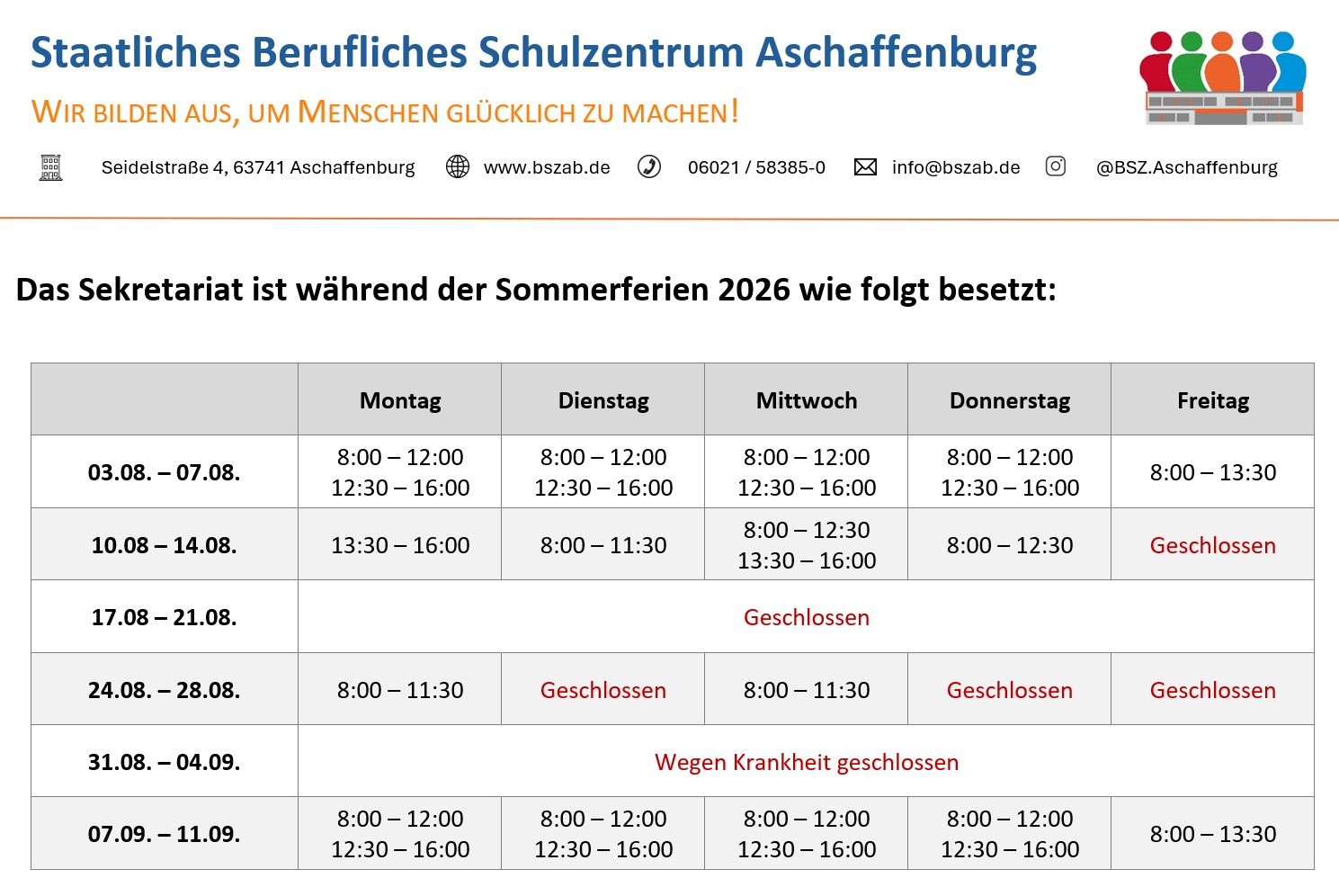 Öffnungszeiten Sommerferien 2026